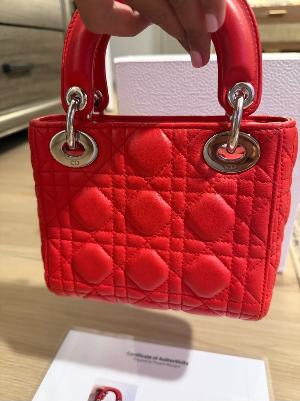 Dior Red Quilted Lady Mini Tote with Silver Hardware - Picture 3 of 13
